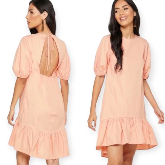Topshop Dresses & Skirts - Topshop | NWT | Pink/Peach Poplin Tiered Ruffle Hem Puff Sleeve Open Back Dress